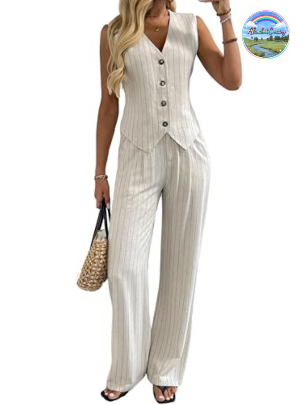 Linen Blend 2 Piece Outfit Sleeveless Vest & Wide Leg Pant Set